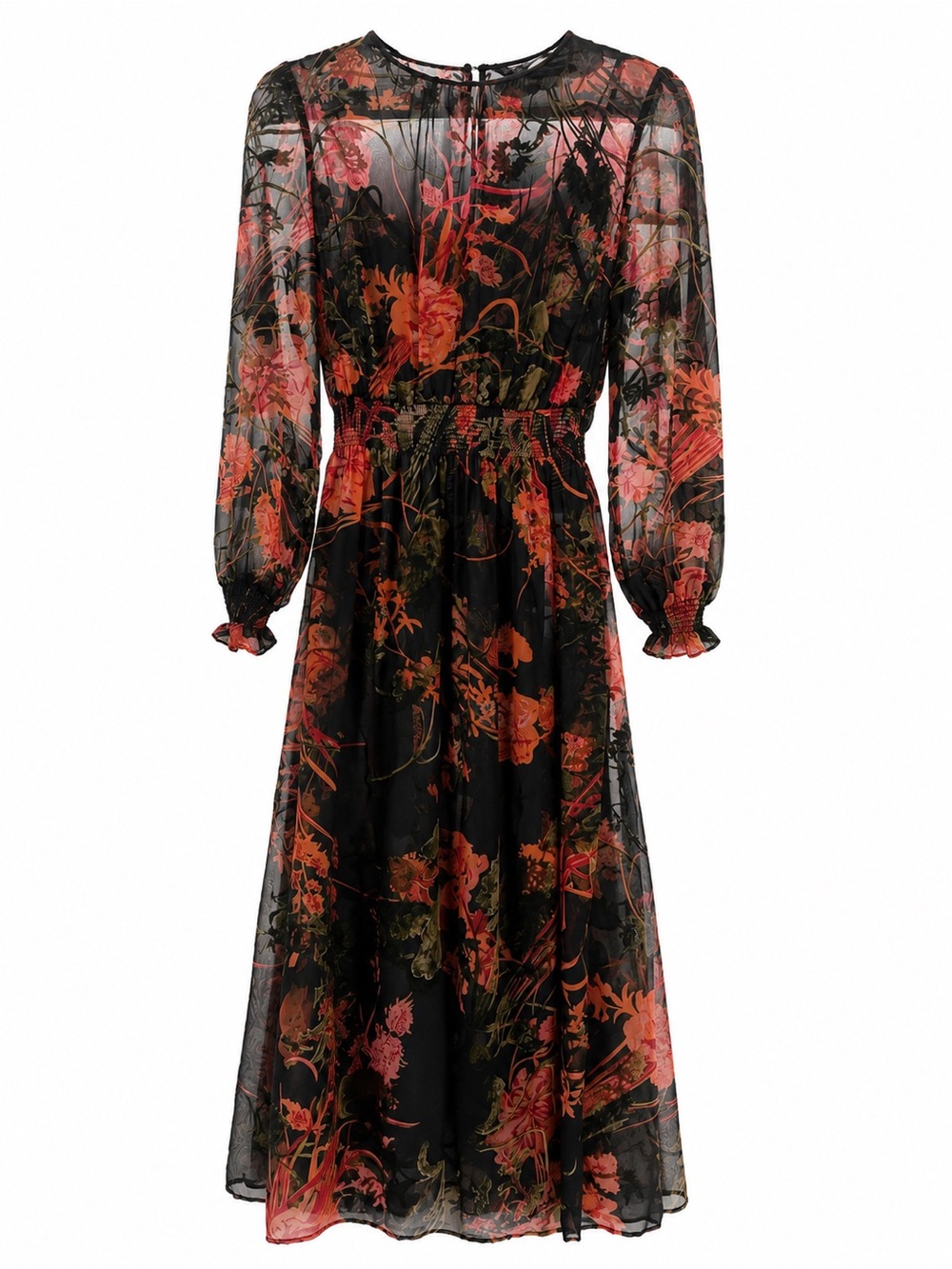 Zara Black Midi Dress with Coral Floral Motif